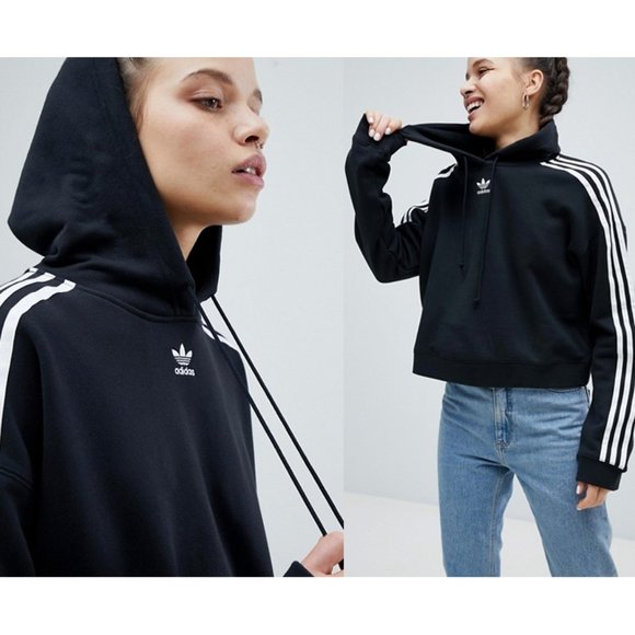 NEW adidas Black Original 3 Stripe Cropped Hoodie - Picture 9 of 9